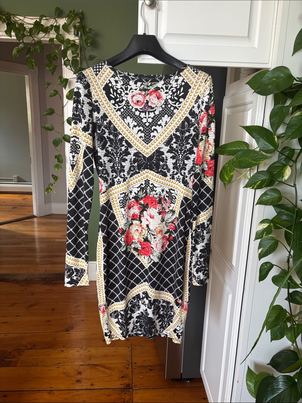 Topshop Black Floral & Gold-Trim Long Sleeve Dress